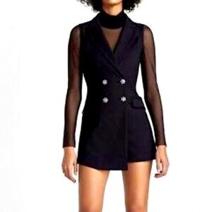 Zara - Tuxedo Sleeveless Lace Rhinestone Flower Button Short Romper Medium